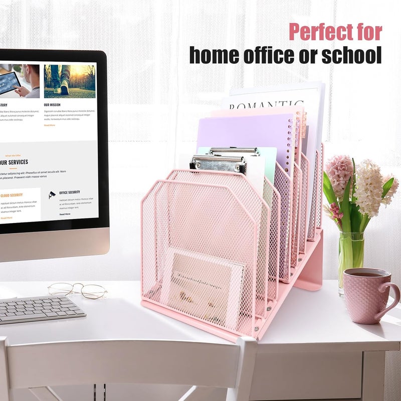 SUMMORE Inclined File Organizer for Desk, 7-Tier Vertical File Folder Holder Office Desk Organizer Metal Rack File Wire Mesh Desktop Document Sorter for Office School Classroom Home (Pink) - Image 2